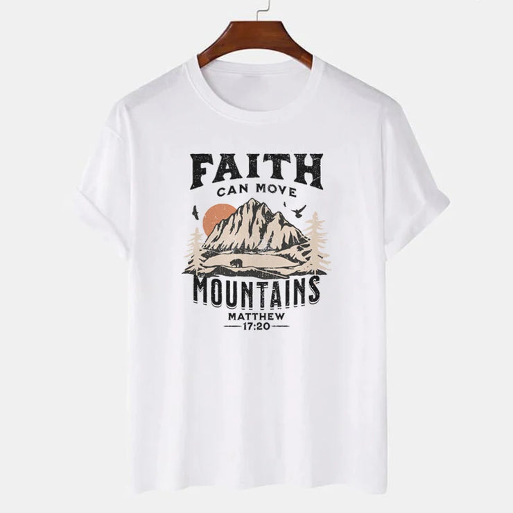 Fresh Faith Designs white Christian women's graphic tee with faith can move mountains mountain print