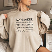 Beige Christian women's sweatshirt with inspirational Waymaker promise keeper scripture design