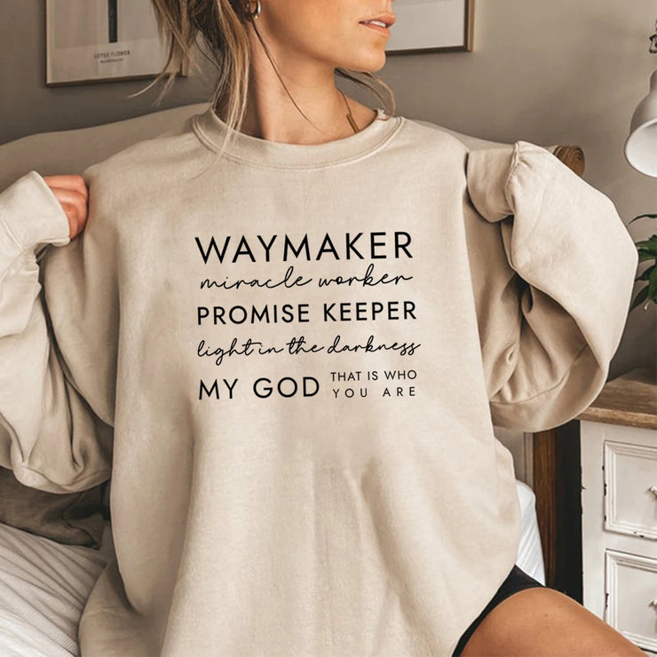 Beige Christian women's sweatshirt with inspirational Waymaker promise keeper scripture design