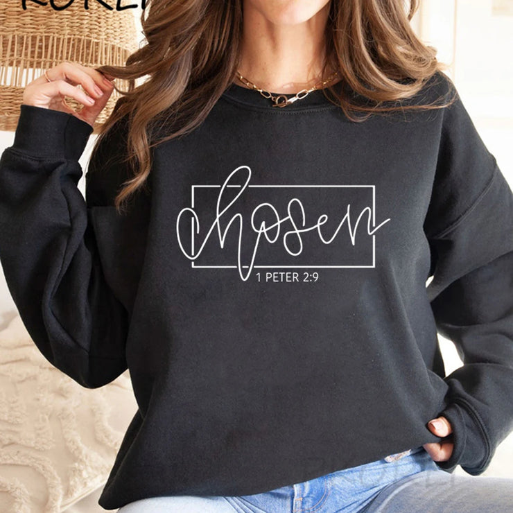 Fresh Faith Designs black Christian women's sweatshirt with chosen 1 Peter 2:9 scripture print