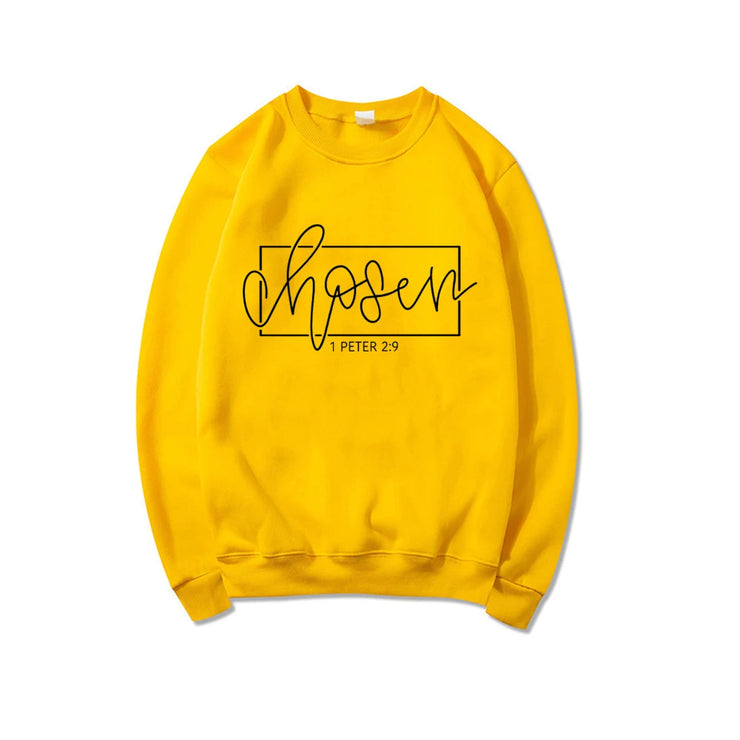 Yellow Christian women's sweatshirt with chosen text and 1 Peter 2:9 Bible verse design
