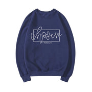 Navy blue Christian women's sweatshirt with chosen 1 Peter 2:9 scripture design by Fresh Faith Designs