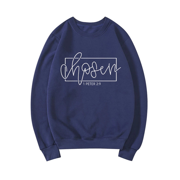 Navy blue Christian women's sweatshirt with chosen 1 Peter 2:9 scripture design by Fresh Faith Designs