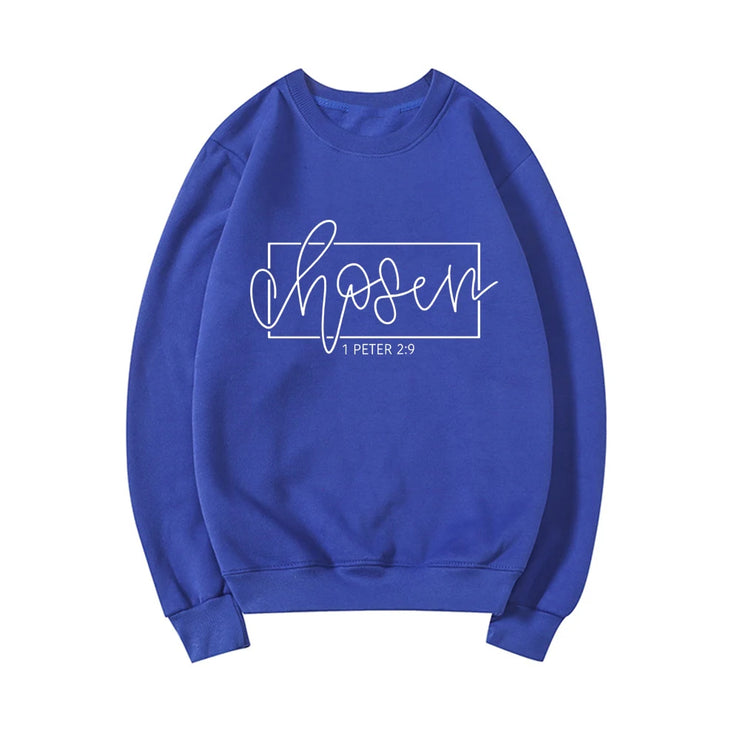Blue Christian women's sweatshirt with chosen 1 Peter 2:9 scripture design by Fresh Faith Designs