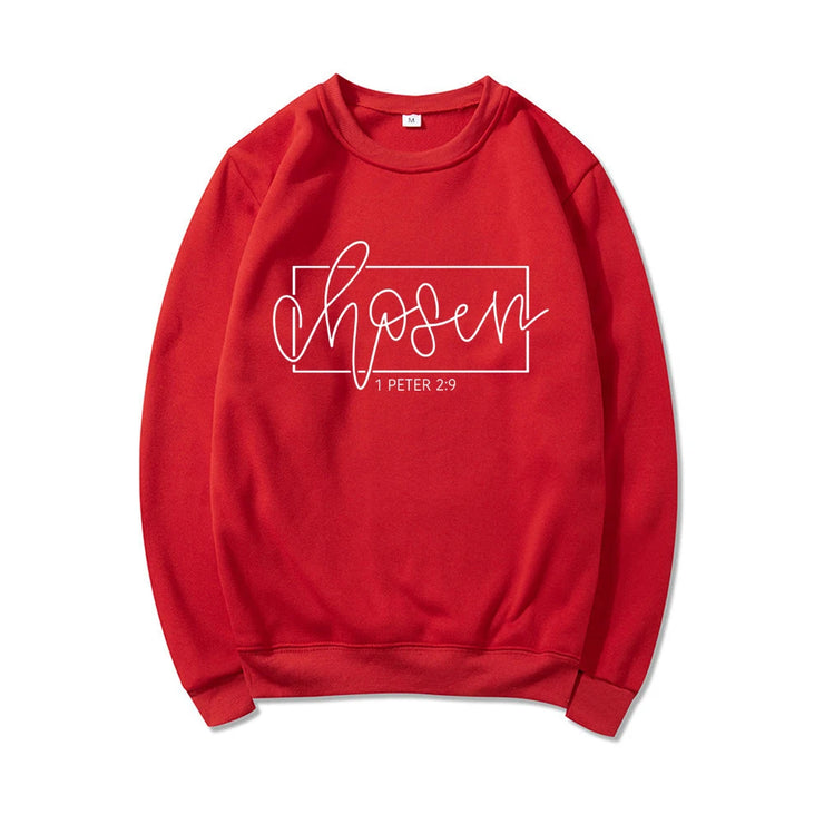 Red Christian women's sweatshirt with chosen 1 Peter 2:9 scripture design by Fresh Faith Designs