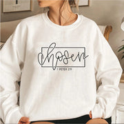 White Christian women's sweatshirt with chosen 1 Peter 2:9 scripture design by Fresh Faith Designs
