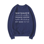 Fresh Faith Designs navy Christian women's sweatshirt with inspiring Waymaker scripture text print