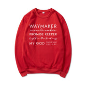 Red Christian women's sweatshirt with inspirational Waymaker promise keeper design from Fresh Faith Designs