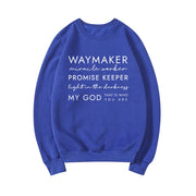 Blue Christian women's sweatshirt with inspirational Waymaker faith text design