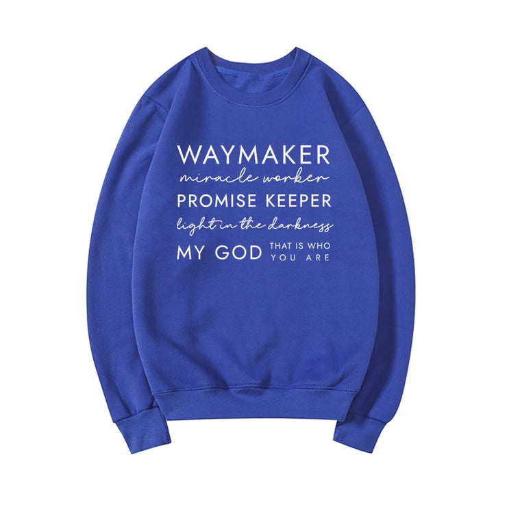 Blue Christian women's sweatshirt with inspirational Waymaker faith text design