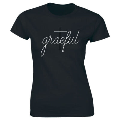 Black Christian women's t-shirt with white grateful script and cross design from Fresh Faith Designs
