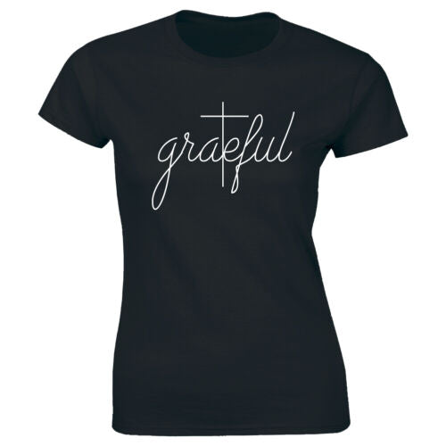 Black Christian women's t-shirt with white grateful script and cross design from Fresh Faith Designs