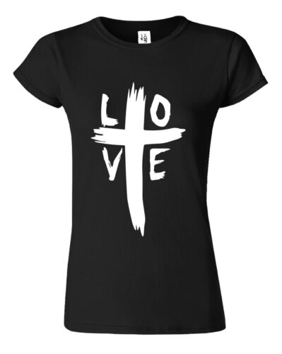 Black Christian women's t-shirt with white LOVE cross graphic design by Fresh Faith Designs