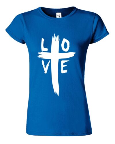 Blue Christian women's t-shirt with white LOVE cross graphic design by Fresh Faith Designs