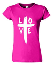 Pink Christian women's t-shirt with white love cross design from Fresh Faith Designs