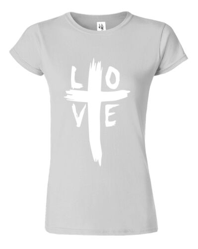 Light gray Christian women's t-shirt with white love cross graphic design by Fresh Faith Designs