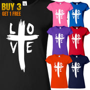 Christian women's t-shirt with white love cross design in multiple colors by Fresh Faith Designs