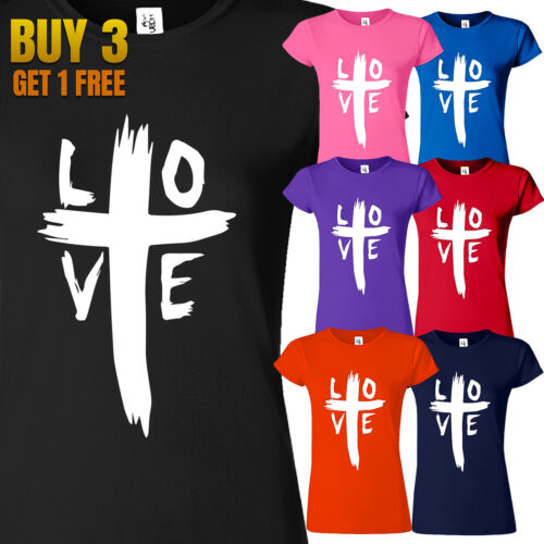Christian women's t-shirt with white love cross design in multiple colors by Fresh Faith Designs