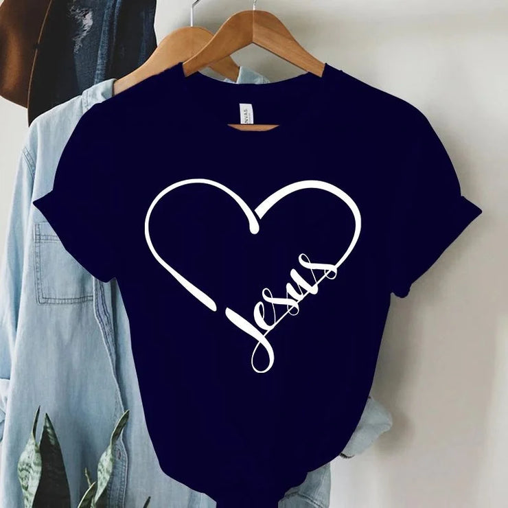 Fresh Faith Designs black Christian women's t-shirt with white heart and Jesus script design