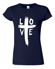 Navy blue Christian women's t-shirt with white LOVE cross graphic design from Fresh Faith Designs