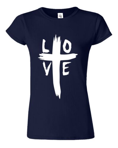 Navy blue Christian women's t-shirt with white LOVE cross graphic design from Fresh Faith Designs