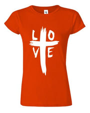 Orange Christian women's t-shirt with white LOVE cross design from Fresh Faith Designs