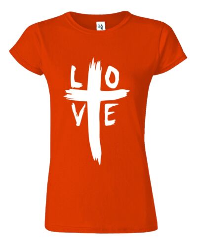 Orange Christian women's t-shirt with white LOVE cross design from Fresh Faith Designs
