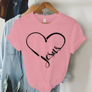 Pink Christian women's t-shirt with black heart and Jesus script design on front