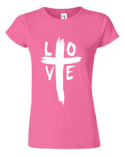 Pink Christian women's t-shirt with white cross and love design by Fresh Faith Designs