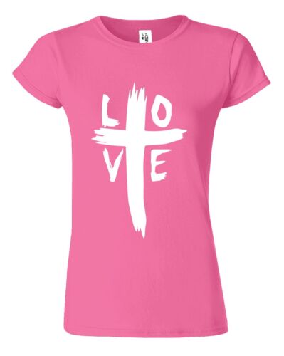 Pink Christian women's t-shirt with white cross and love design by Fresh Faith Designs