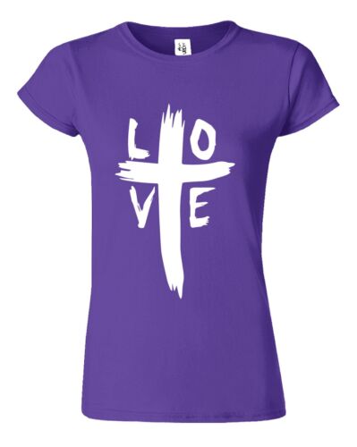Purple Christian women's t-shirt with white cross and love graphic design by Fresh Faith Designs