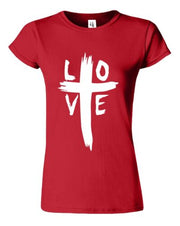 Red Christian women's t-shirt with white cross and love graphic design by Fresh Faith Designs