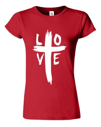 Red Christian women's t-shirt with white cross and love graphic design by Fresh Faith Designs