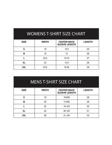Christian women's t-shirt size chart by Fresh Faith Designs showing measurements for small to 2XL sizes