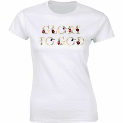 Fresh Faith Designs white Christian women's t-shirt with Glory to God floral text print