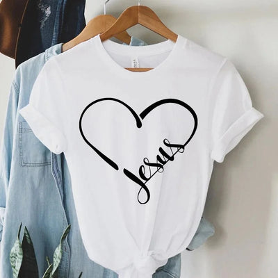 White Christian women's t-shirt by Fresh Faith Designs with heart and Jesus text graphic
