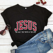 Black Christian women's vintage t-shirt with Jesus text and The Way The Truth & The Life design