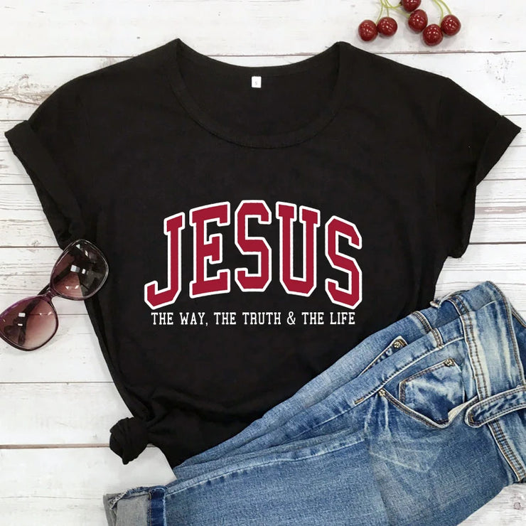 Black Christian women's vintage t-shirt with Jesus text and The Way The Truth & The Life design