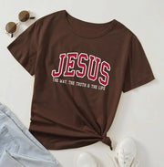 Brown Christian women's vintage t-shirt with Jesus text and scripture design from Fresh Faith Designs