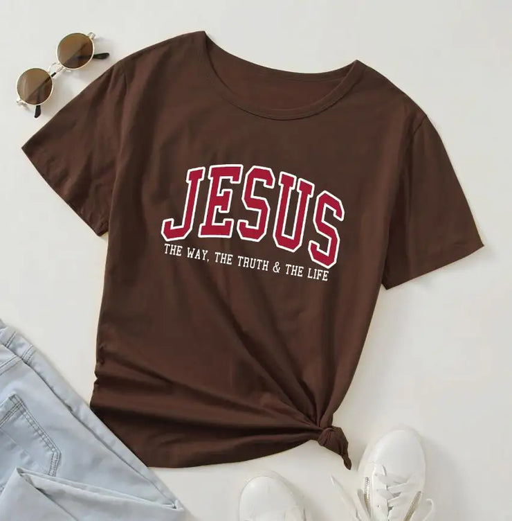 Brown Christian women's vintage t-shirt with Jesus text and scripture design from Fresh Faith Designs