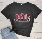 Christian women's vintage t-shirt in dark gray with Jesus the Way the Truth the Life print