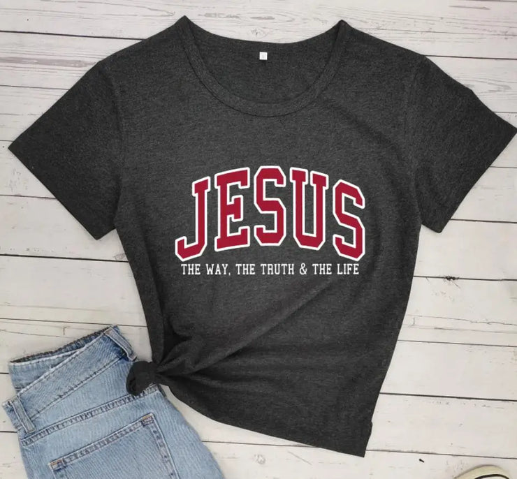 Christian women's vintage t-shirt in dark gray with Jesus the Way the Truth the Life print