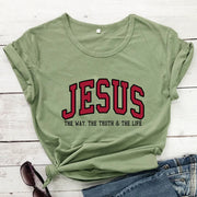 Green Christian women's vintage t-shirt with Jesus graphic and The Way The Truth & The Life text