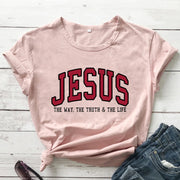 Pink Christian women's vintage t-shirt with Jesus text and The Way The Truth & The Life design