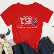 Red Christian women's vintage t-shirt with Jesus text and The Way The Truth & The Life slogan
