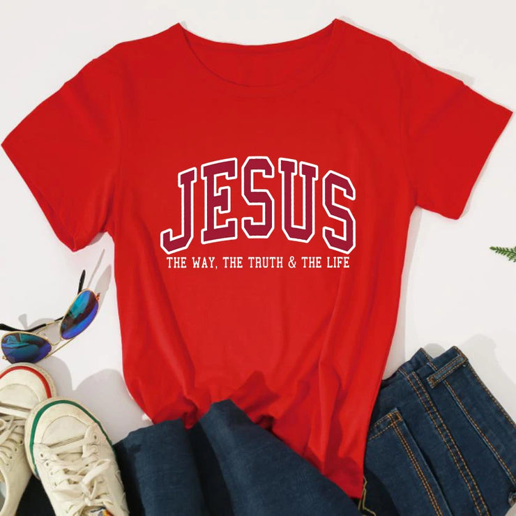 Red Christian women's vintage t-shirt with Jesus text and The Way The Truth & The Life slogan