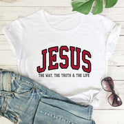 Christian women's vintage t-shirt by Fresh Faith Designs white shirt with JESUS text and jeans sunglasses