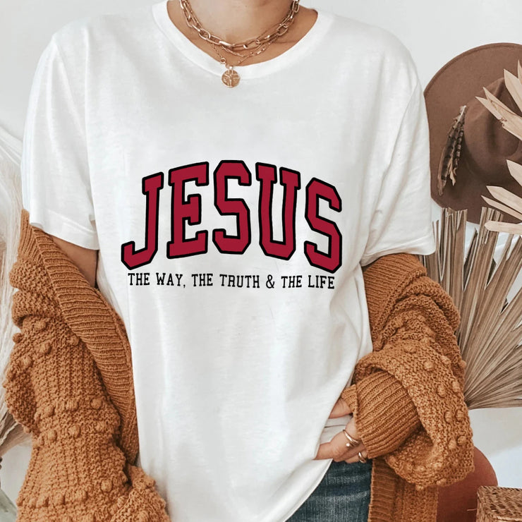 Christian women's vintage t-shirt in white with Jesus graphic and text The Way The Truth & The Life
