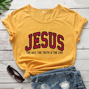 Christian women's vintage t-shirt in yellow with Jesus design and faith message front display