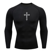 Black long sleeve Christian workout shirt for men with white cross design on chest